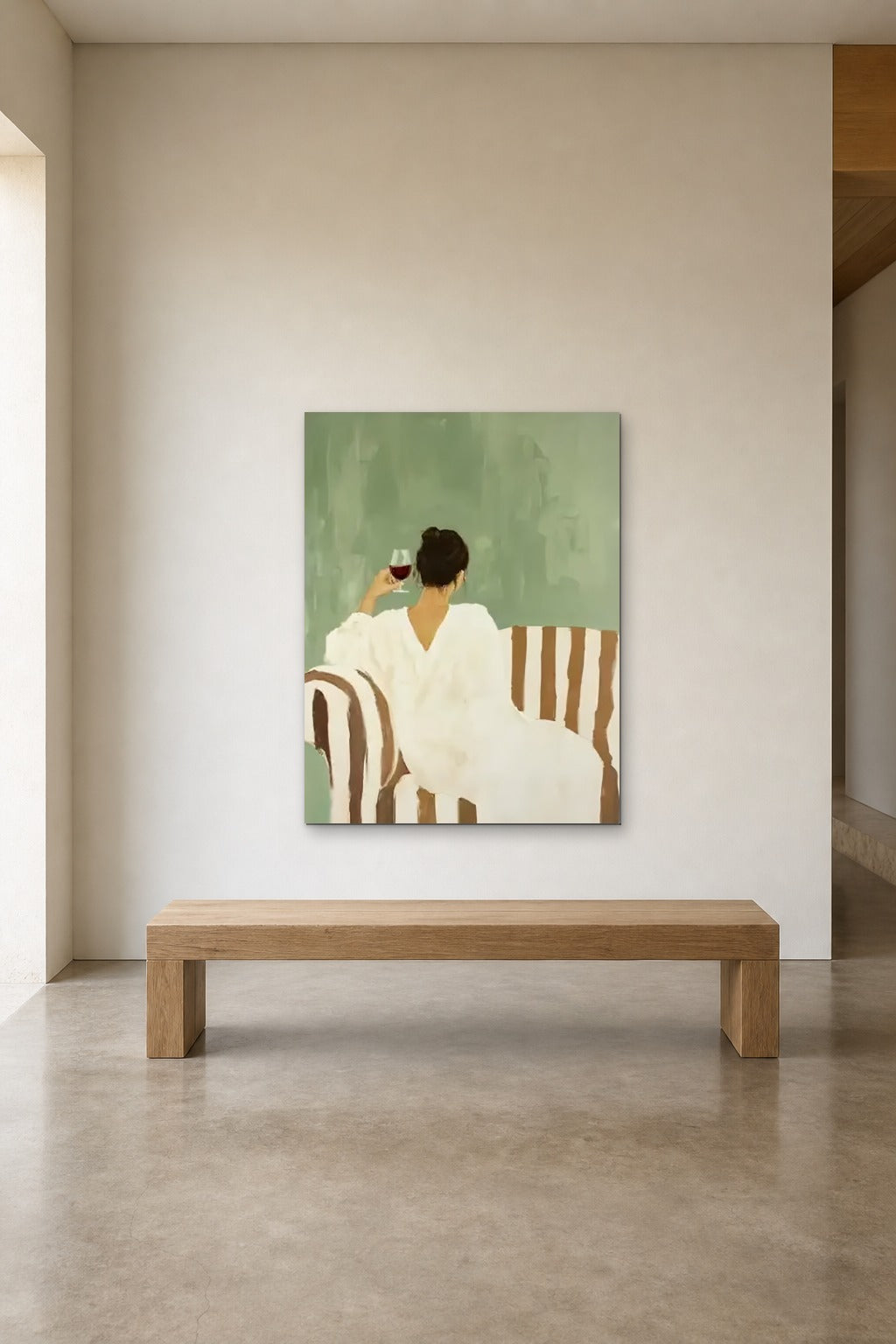 A Glass of Red shown at 90 × 120 cm above a 180 cm oak bench