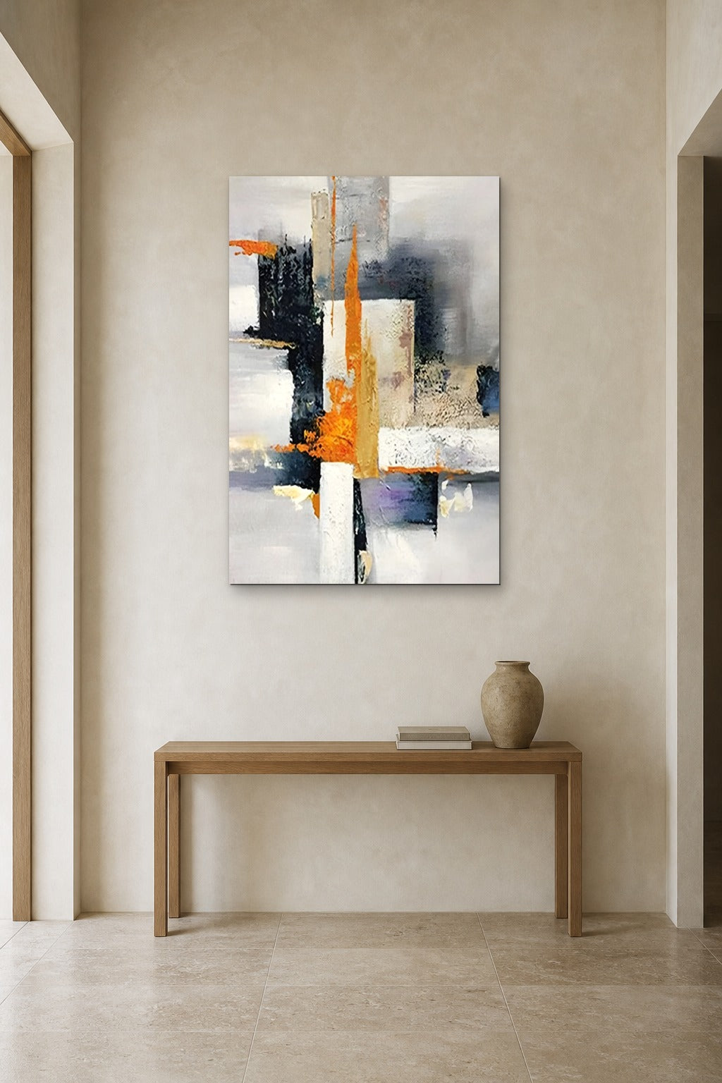 Orange Signal shown at 90 × 130 cm above a 140 cm oak console