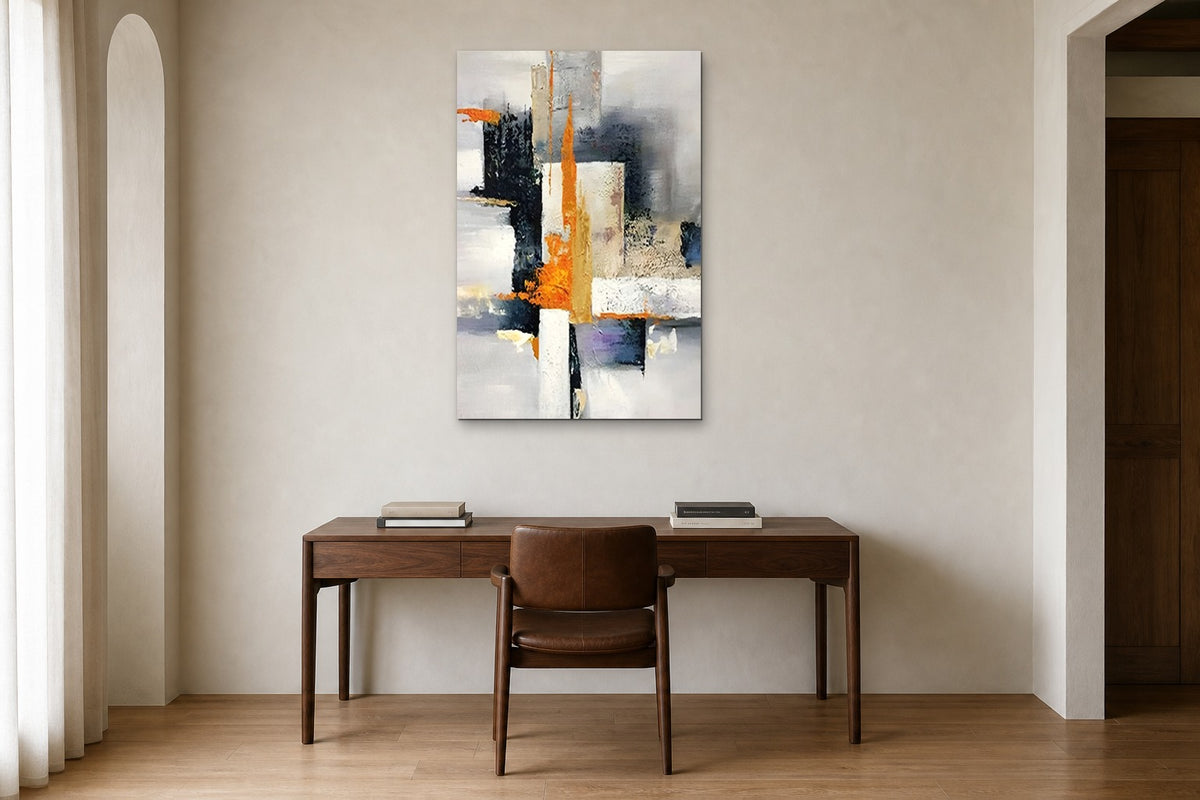 Orange Signal shown at 70 × 100 cm above a 160 cm walnut desk