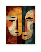 Two Masks, figurative abstract painting shown straight on