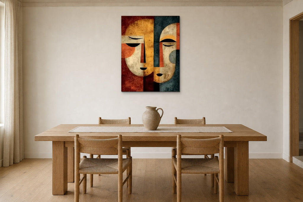 Two Masks shown at 50 × 70 cm above a 200 cm oak dining table