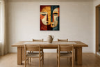Two Masks shown at 50 × 70 cm above a 200 cm oak dining table