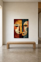 Two Masks shown at 90 × 120 cm above a 180 cm oak bench