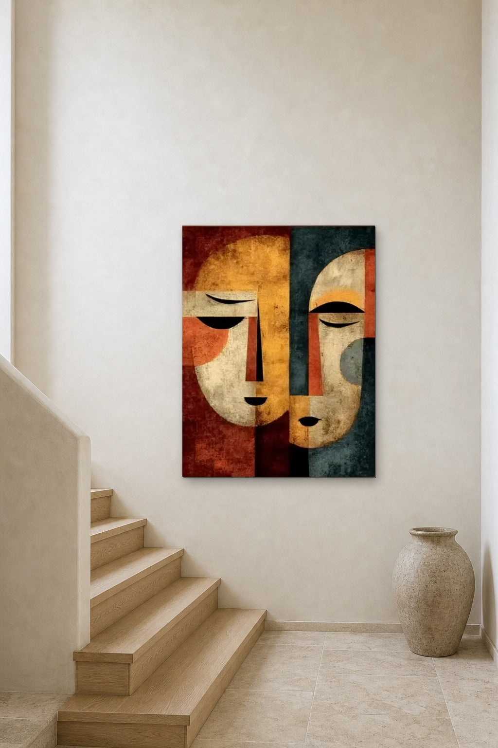 Two Masks shown at 90 × 120 cm above a stair landing