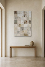Linen Squares shown at 90 × 130 cm above a 140 cm oak console