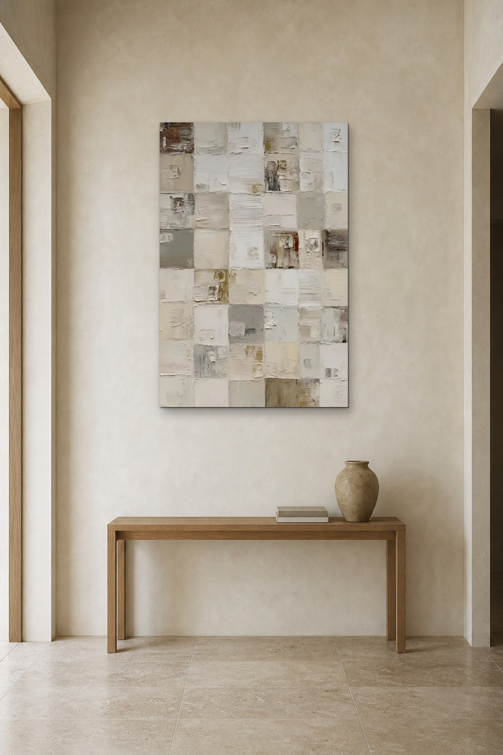 Linen Squares shown at 90 × 130 cm above a 140 cm oak console