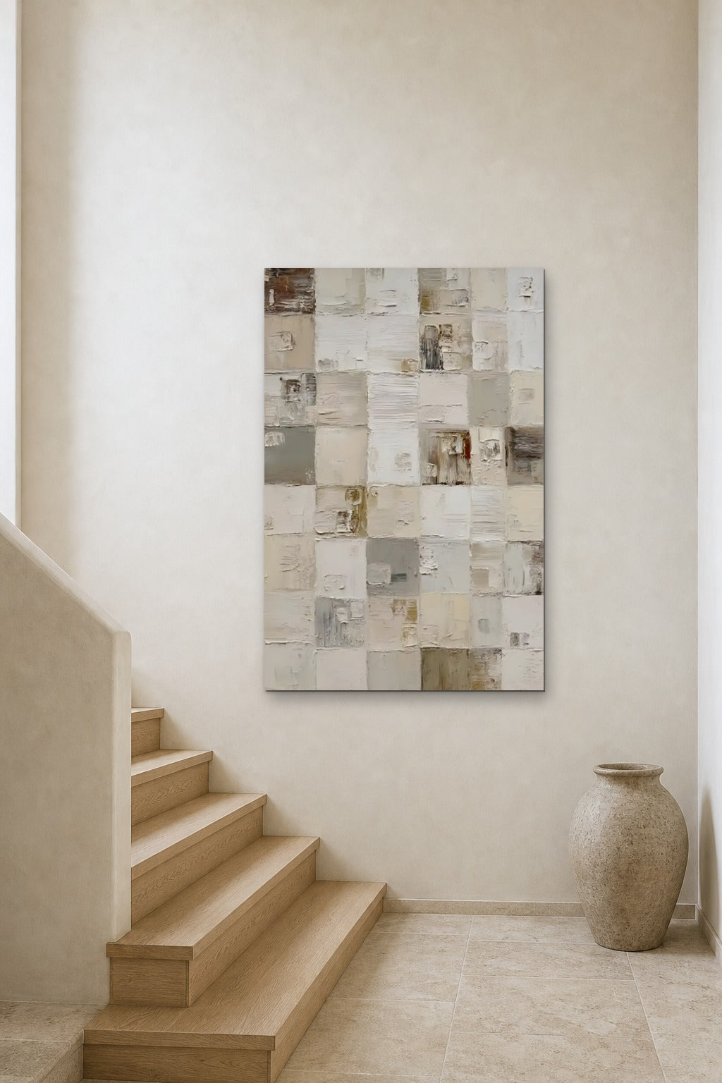 Linen Squares shown at 90 × 130 cm above a stair landing