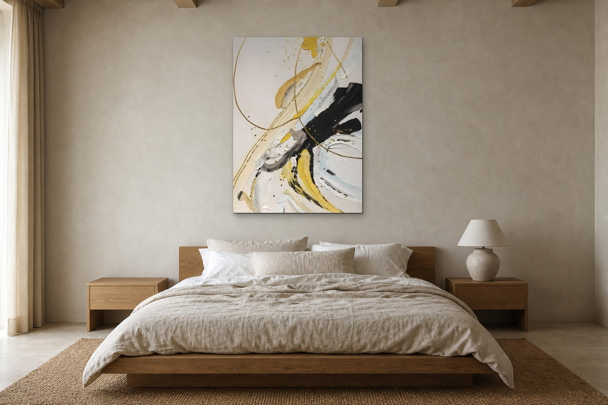 Gold Lines shown at 100 × 150 cm above a 180 cm oak bed