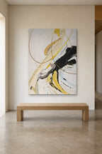 Gold Lines shown at 120 × 180 cm above a 180 cm oak bench