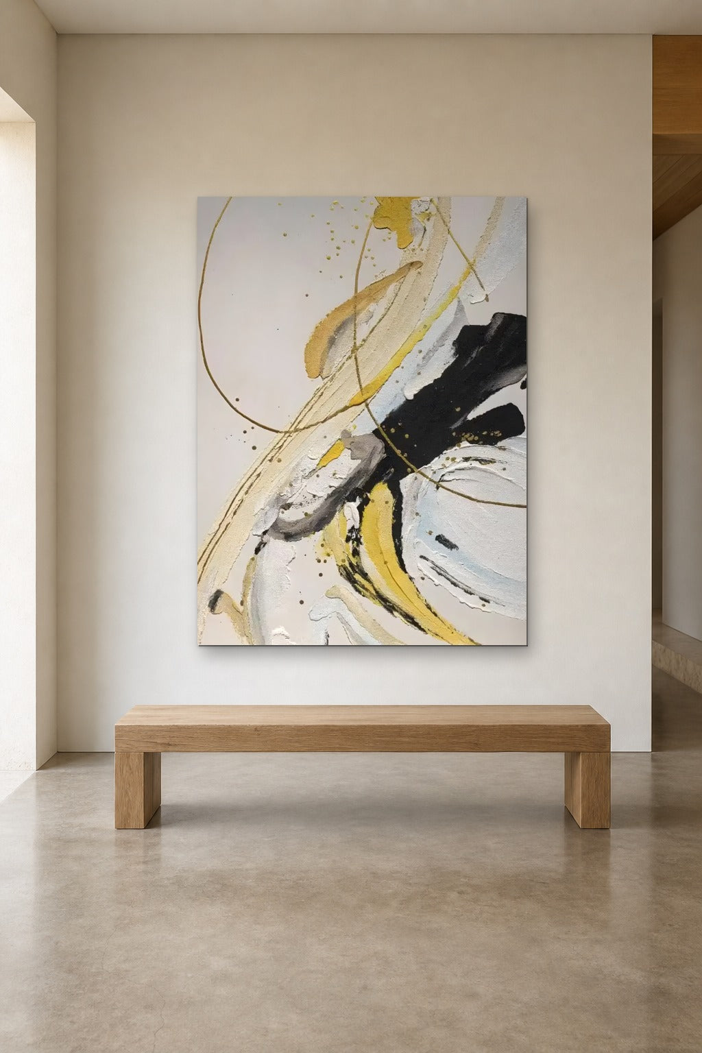 Gold Lines shown at 120 × 180 cm above a 180 cm oak bench