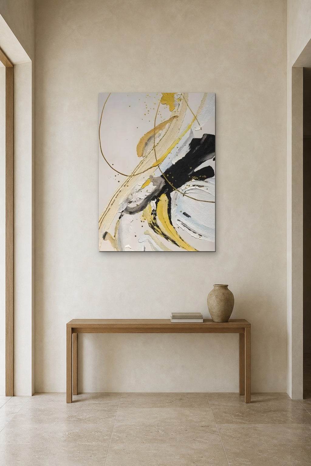 Gold Lines shown at 90 × 130 cm above a 140 cm oak console