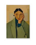 Woman in a Green Coat, figurative abstract painting shown straight on