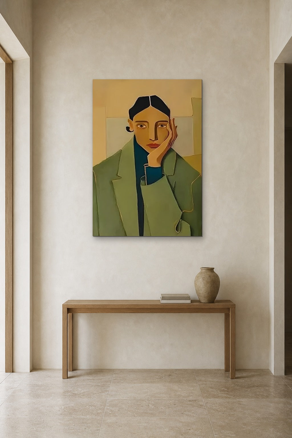 Woman in a Green Coat shown at 90 × 120 cm above a 140 cm oak console