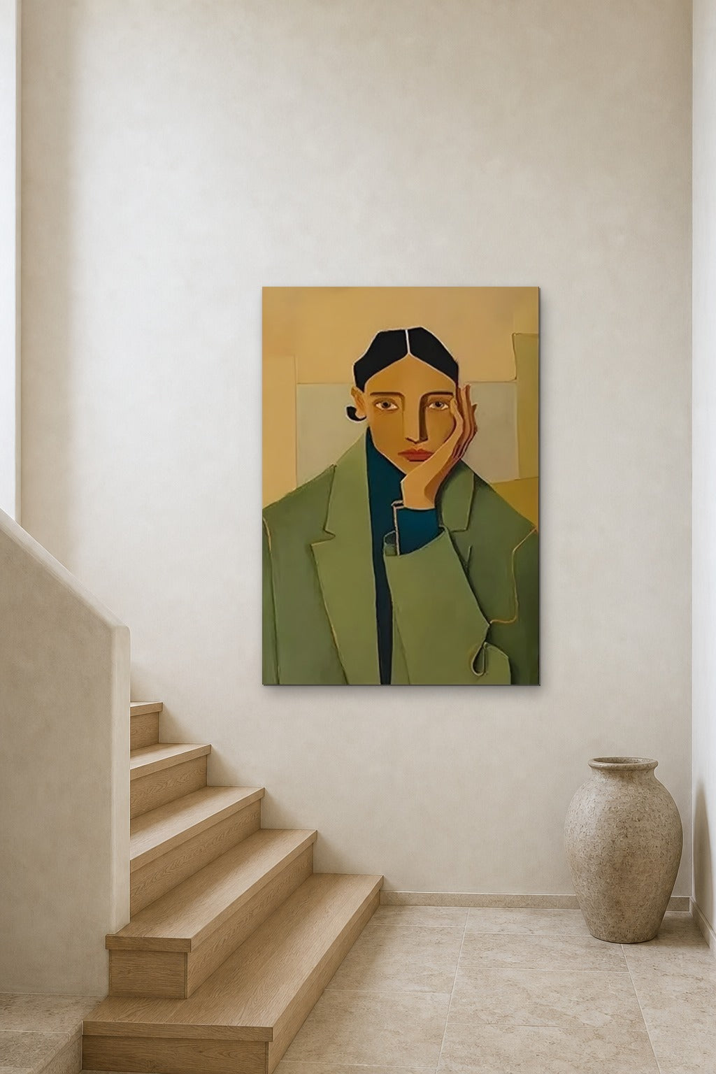 Woman in a Green Coat shown at 90 × 120 cm above a stair landing