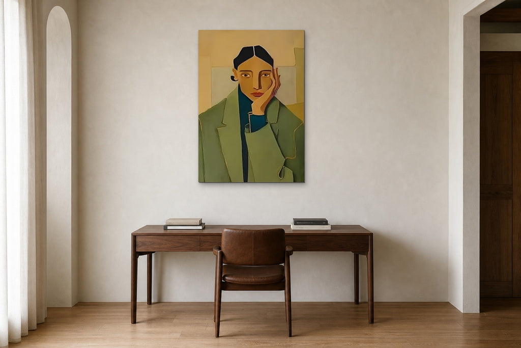 Woman in a Green Coat shown at 70 × 100 cm above a 160 cm walnut desk