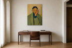 Woman in a Green Coat shown at 70 × 100 cm above a 160 cm walnut desk