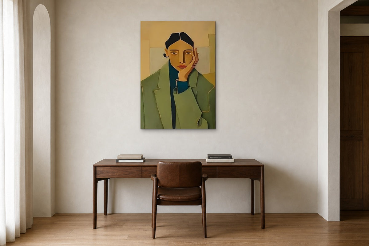 Woman in a Green Coat shown at 70 × 100 cm above a 160 cm walnut desk
