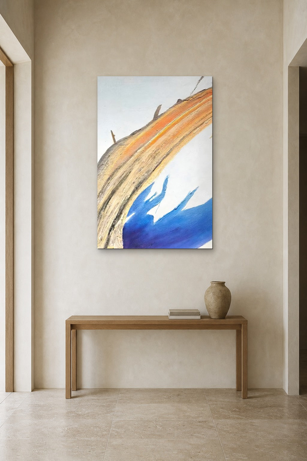 Orange Arc shown at 90 × 130 cm above a 140 cm oak console