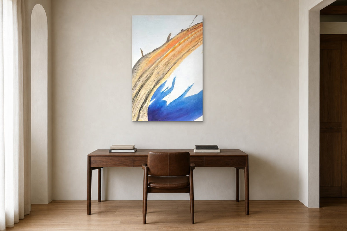 Orange Arc shown at 70 × 100 cm above a 160 cm walnut desk