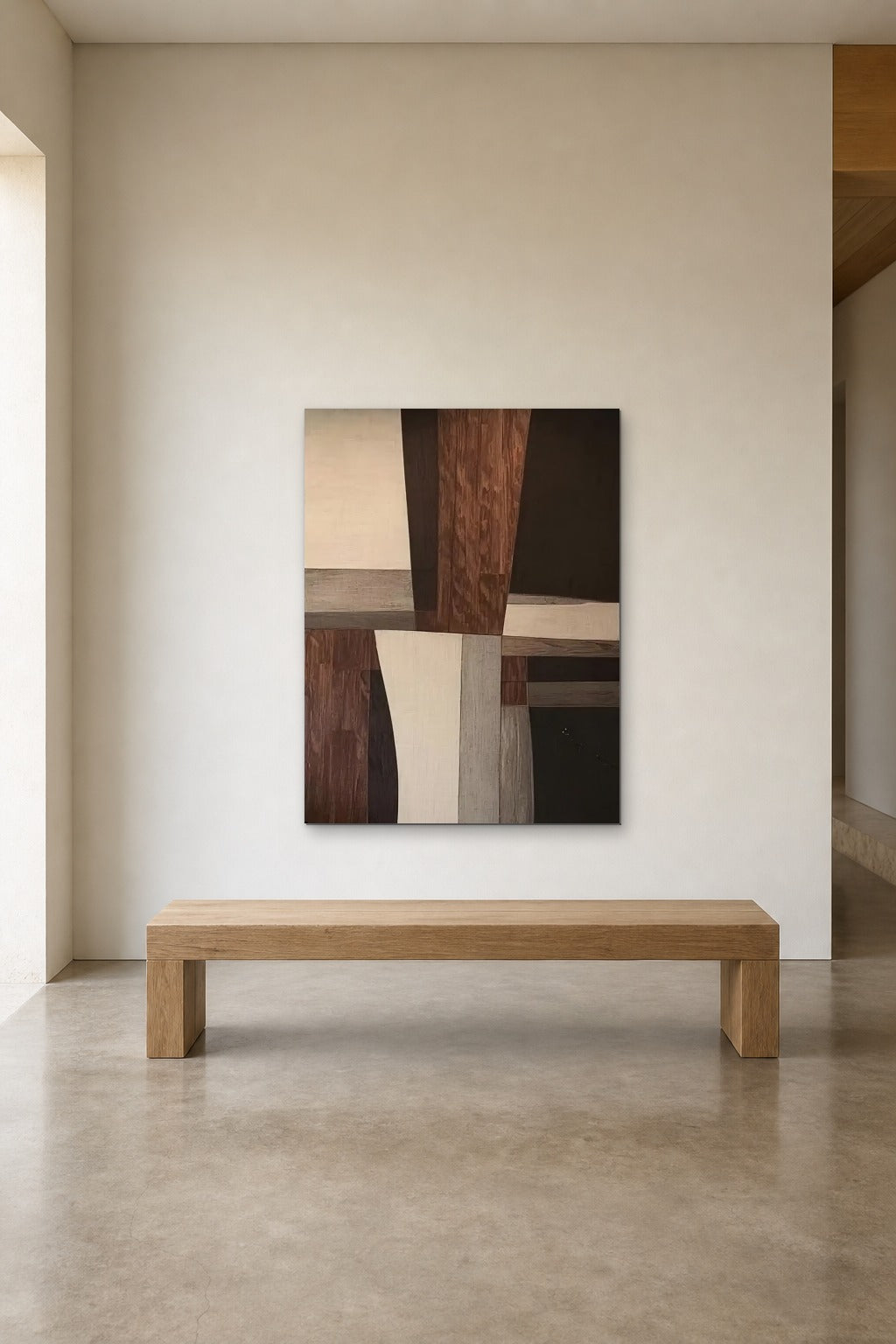 Walnut and Linen shown at 90 × 130 cm above a 180 cm oak bench