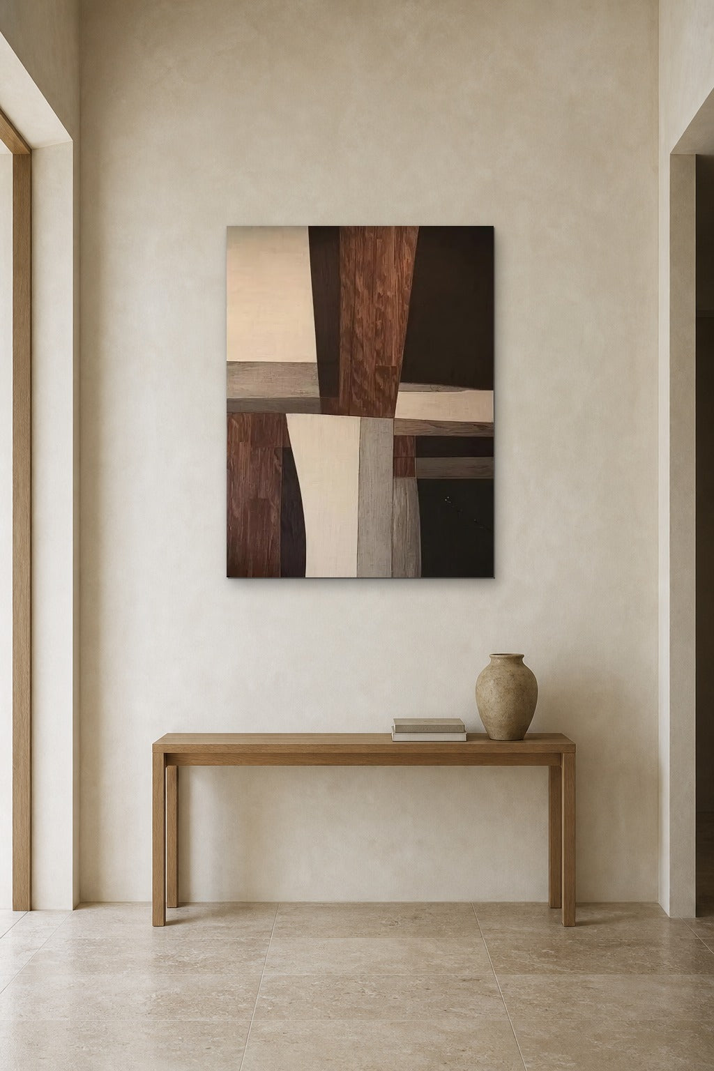 Walnut and Linen shown at 90 × 130 cm above a 140 cm oak console