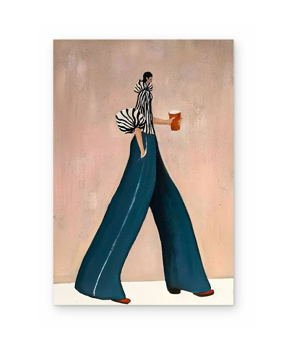 Coffee Walk in Blue, figurative abstract painting shown straight on
