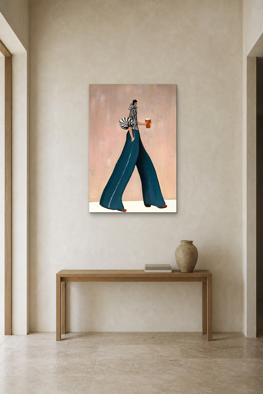 Coffee Walk in Blue shown at 80 × 120 cm above a 140 cm oak console