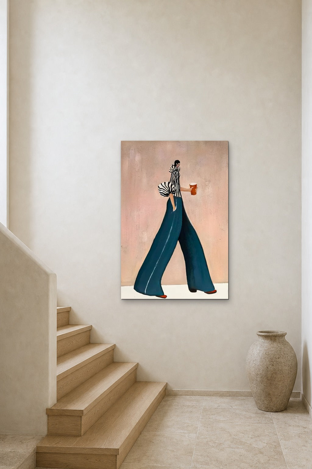 Coffee Walk in Blue shown at 80 × 120 cm above a stair landing