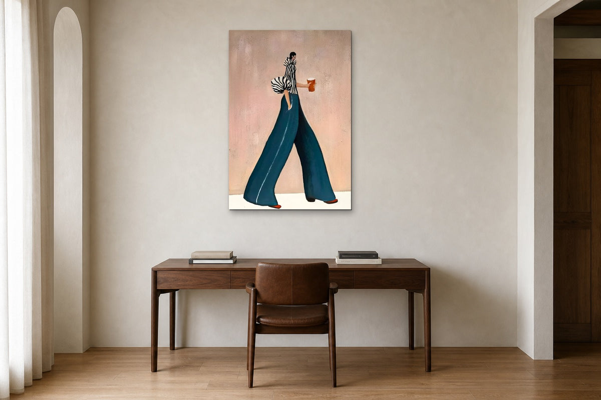 Coffee Walk in Blue shown at 70 × 100 cm above a 160 cm walnut desk