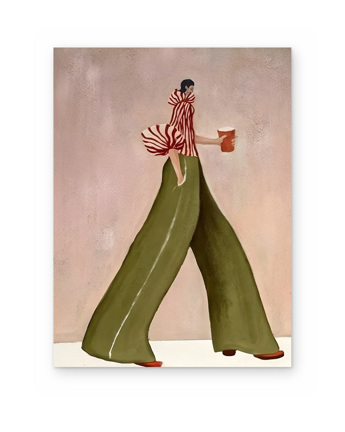 Coffee Walk in Olive, figurative abstract painting shown straight on