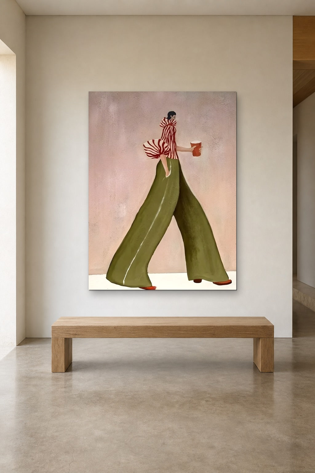 Coffee Walk in Olive shown at 120 × 160 cm above a 180 cm oak bench