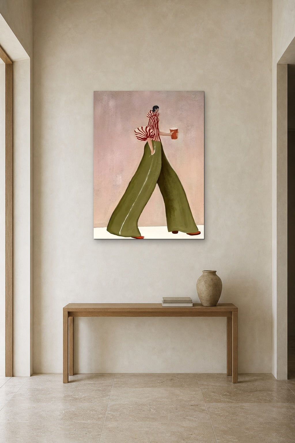 Coffee Walk in Olive shown at 90 × 130 cm above a 140 cm oak console