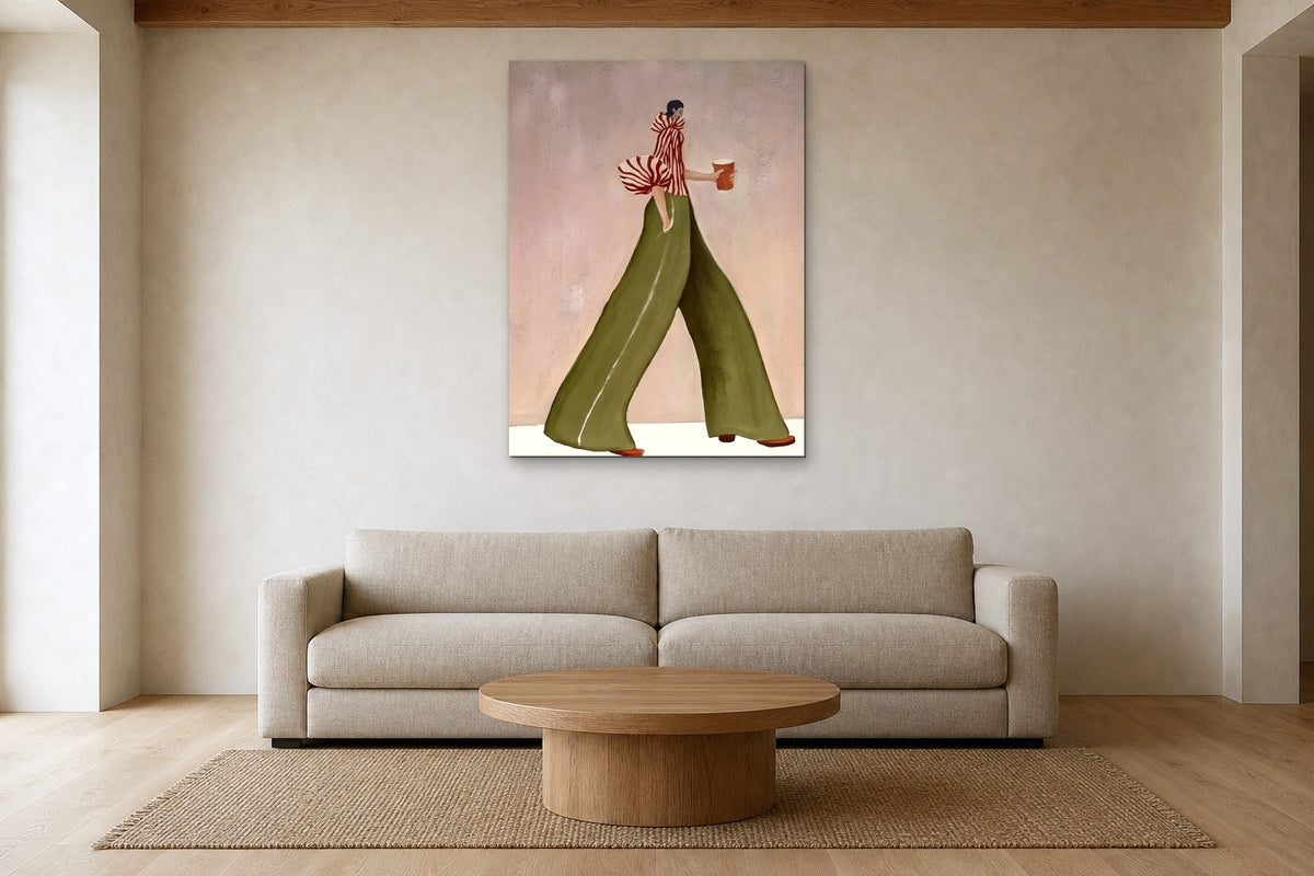 Coffee Walk in Olive shown at 90 × 130 cm above a 240 cm linen sofa