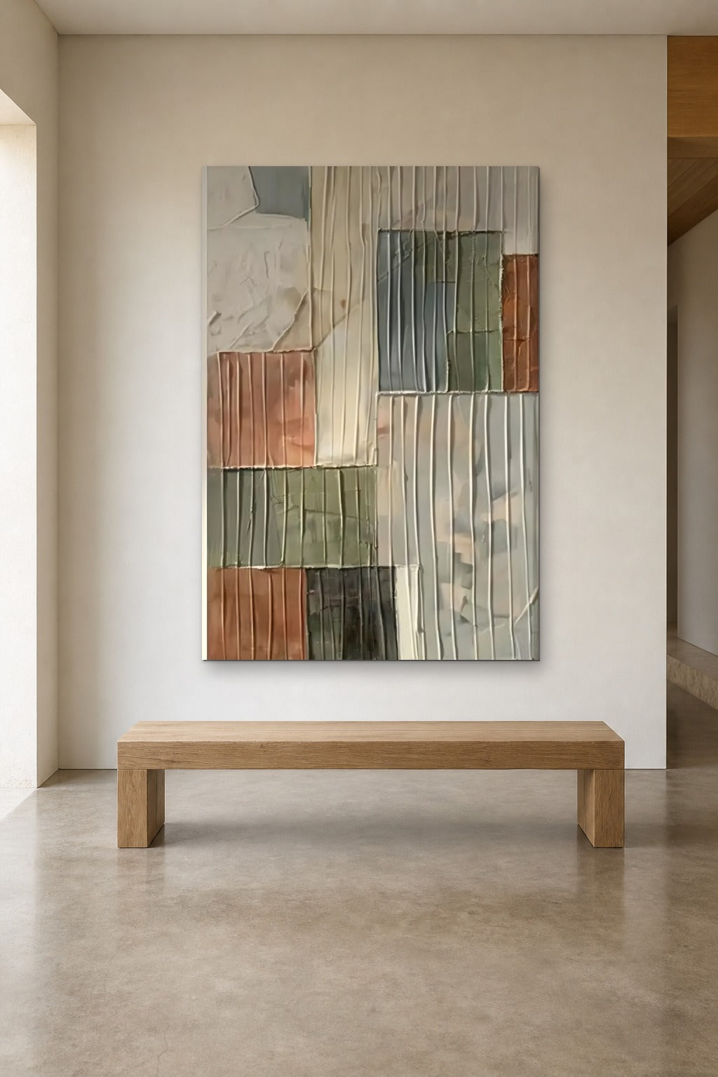 Sage Patchwork shown at 120 × 180 cm above a 180 cm oak bench