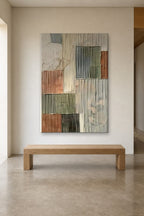 Sage Patchwork shown at 120 × 180 cm above a 180 cm oak bench