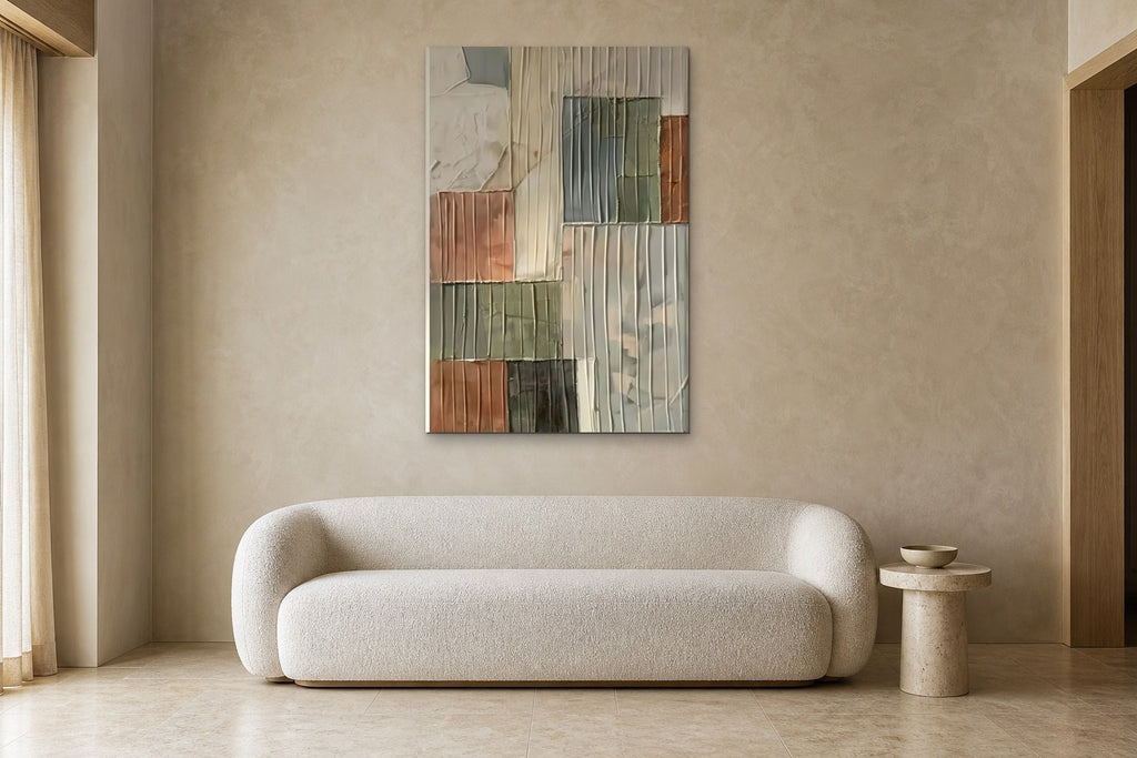 Sage Patchwork shown at 90 × 130 cm above a 220 cm boucle sofa