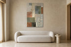 Sage Patchwork shown at 90 × 130 cm above a 220 cm boucle sofa