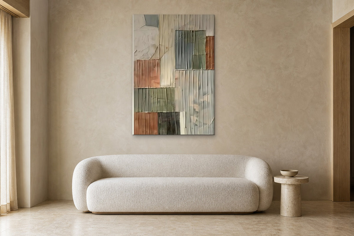 Sage Patchwork shown at 90 × 130 cm above a 220 cm boucle sofa