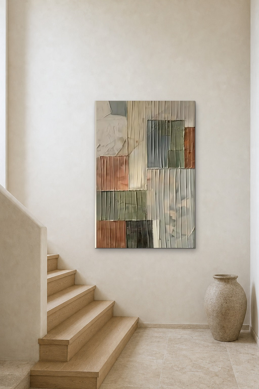 Sage Patchwork shown at 90 × 130 cm above a stair landing