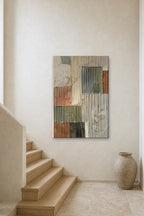 Sage Patchwork shown at 90 × 130 cm above a stair landing