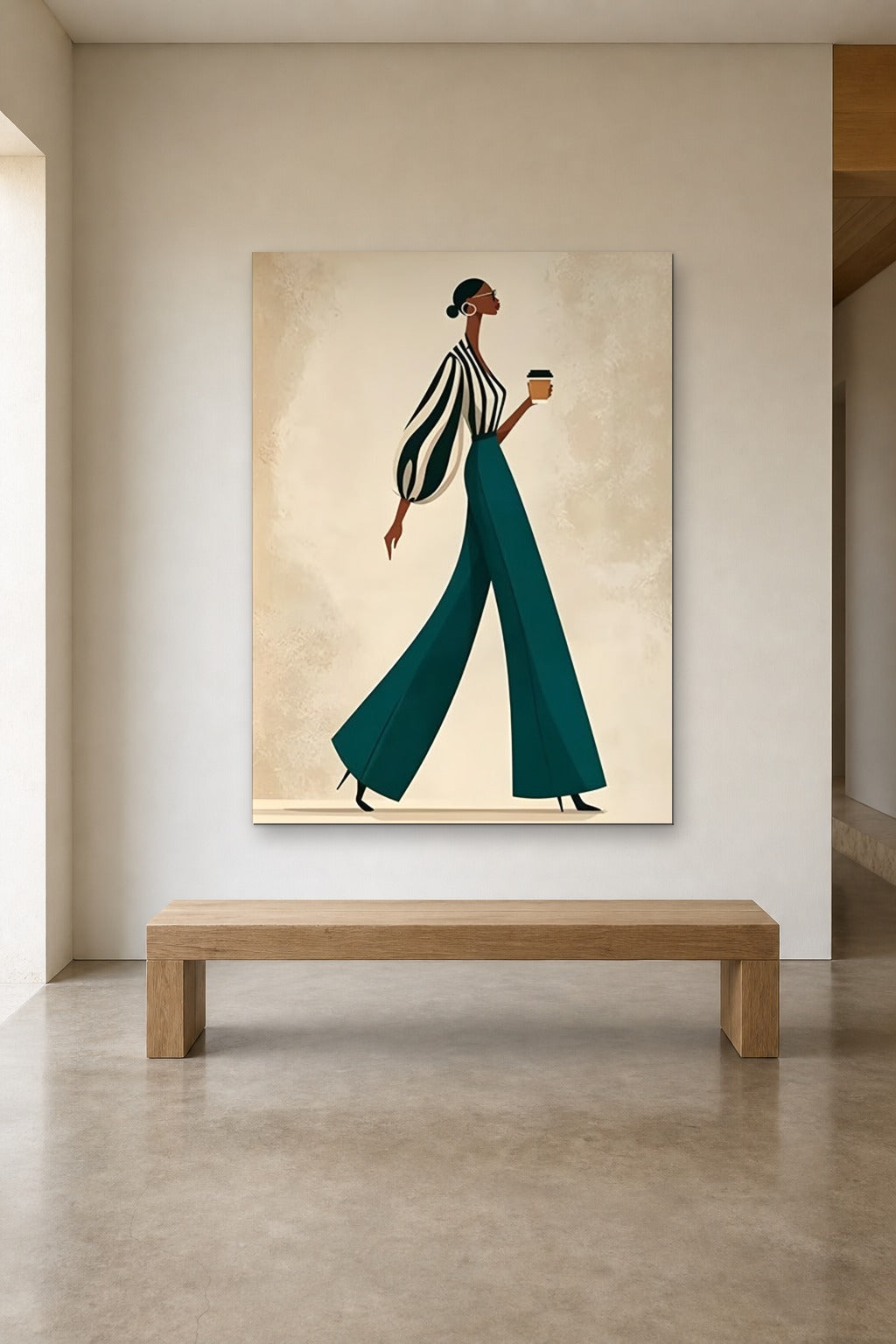 Morning Stride shown at 120 × 160 cm above a 180 cm oak bench