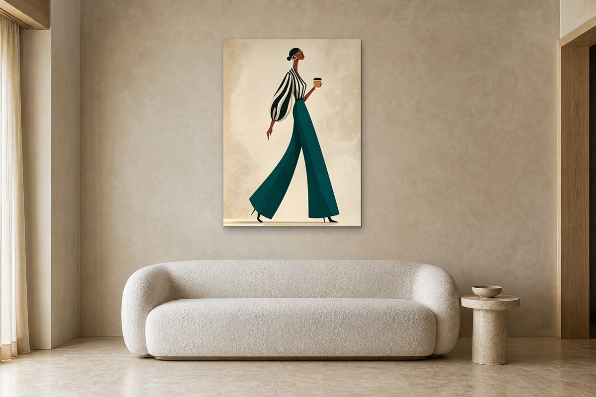 Morning Stride shown at 90 × 130 cm above a 220 cm boucle sofa
