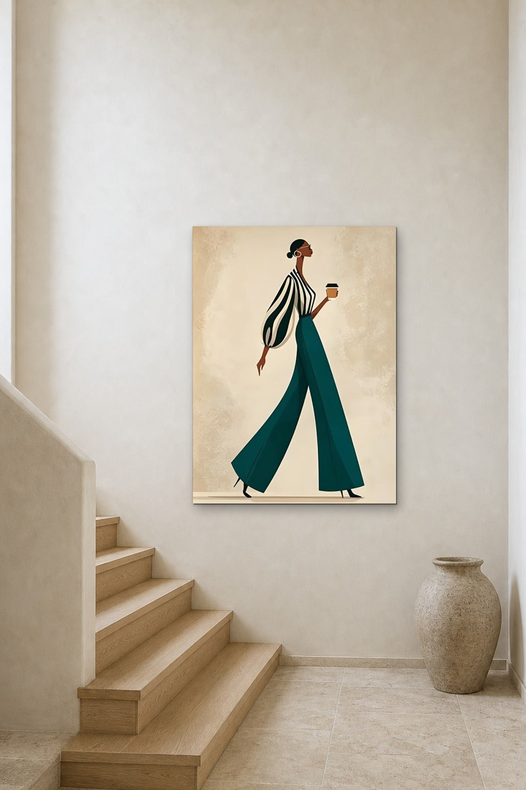 Morning Stride shown at 90 × 130 cm above a stair landing