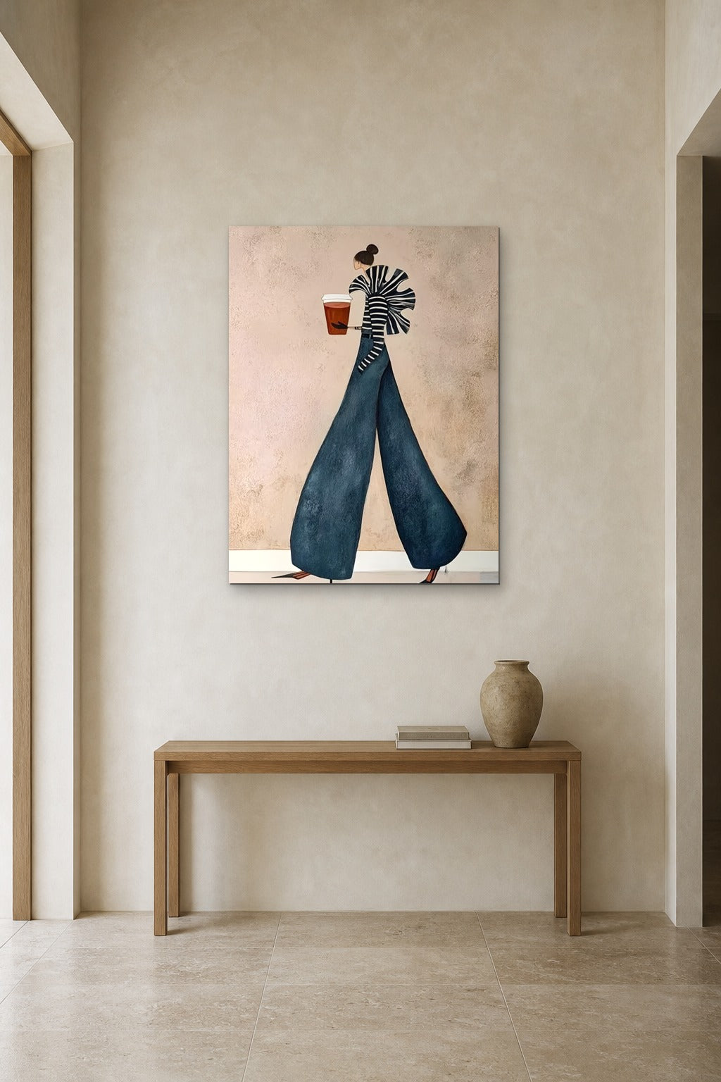 Striped Sleeves shown at 90 × 120 cm above a 140 cm oak console