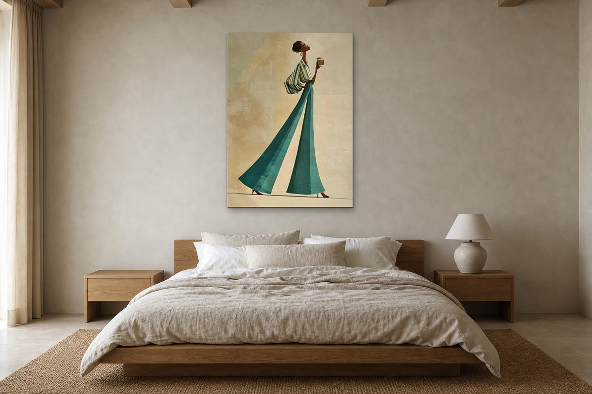Emerald Trousers shown at 100 × 140 cm above a 180 cm oak bed