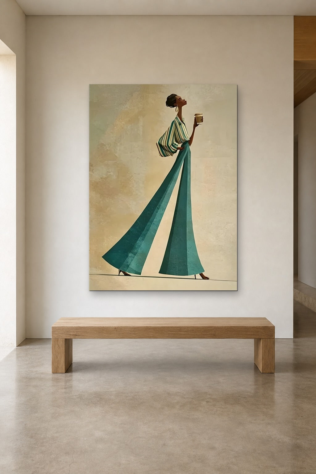 Emerald Trousers shown at 120 × 160 cm above a 180 cm oak bench