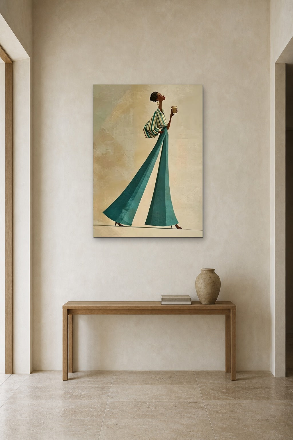 Emerald Trousers shown at 90 × 130 cm above a 140 cm oak console