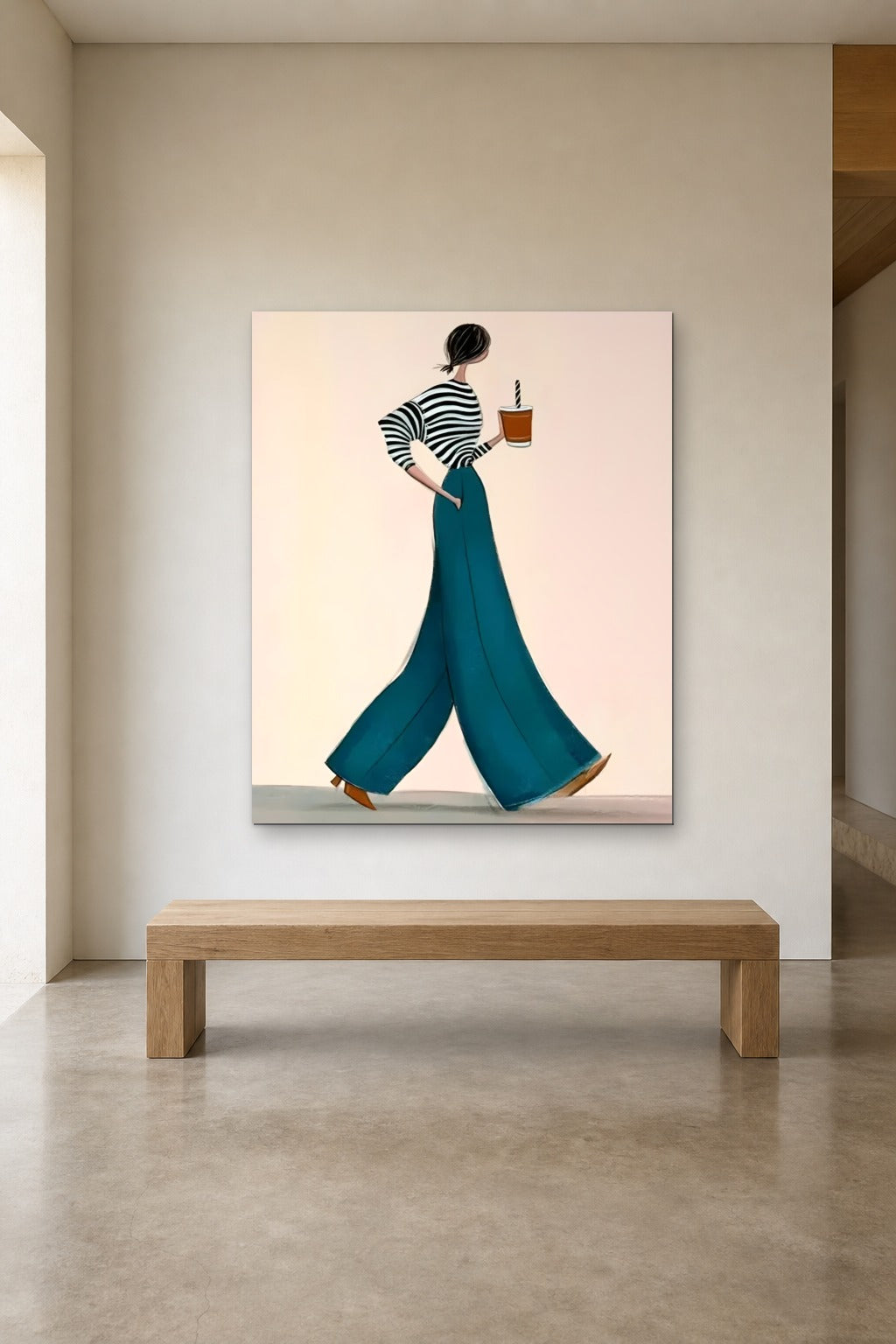 Coffee to Go shown at 120 × 160 cm above a 180 cm oak bench