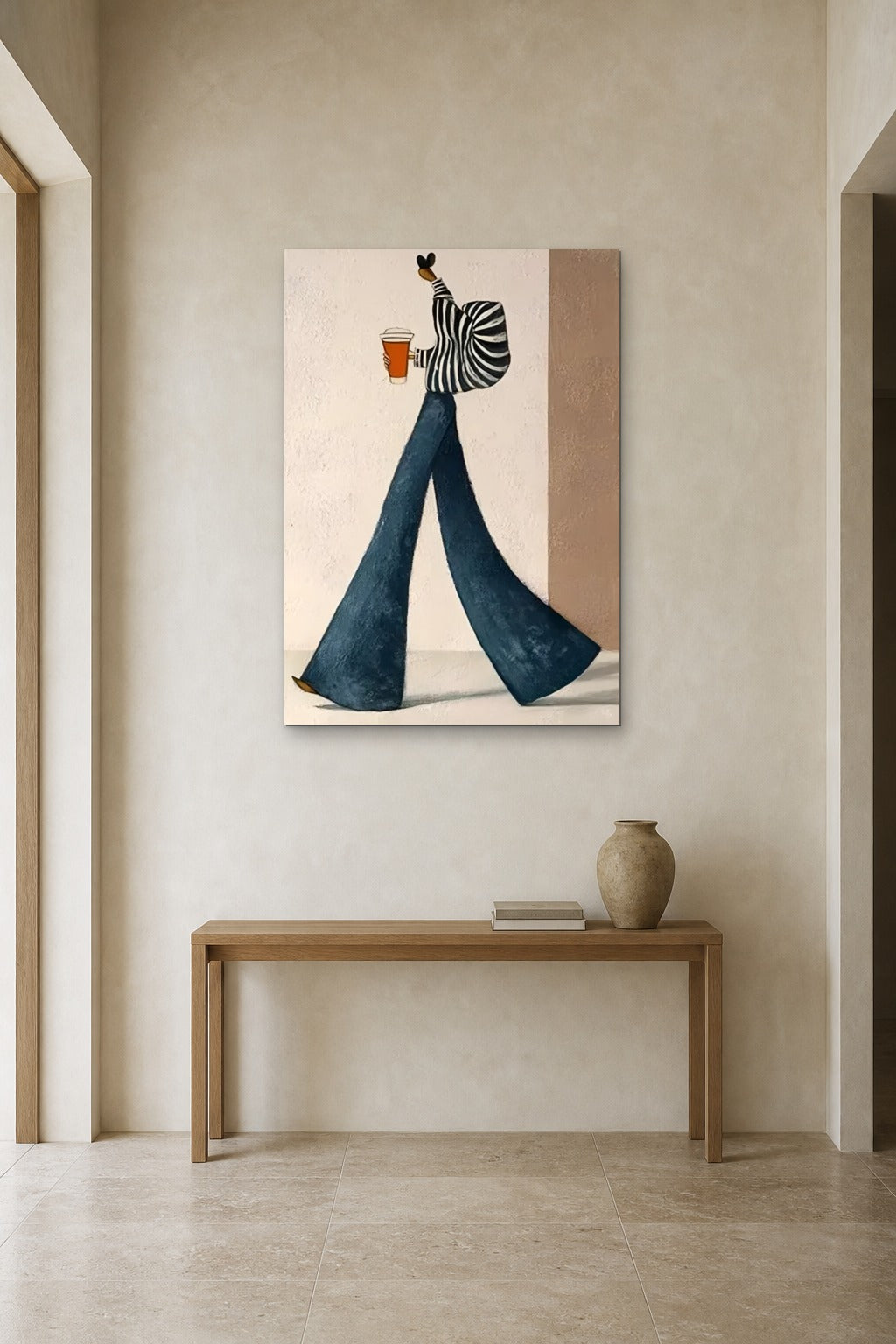 The Coffee Run shown at 90 × 130 cm above a 140 cm oak console