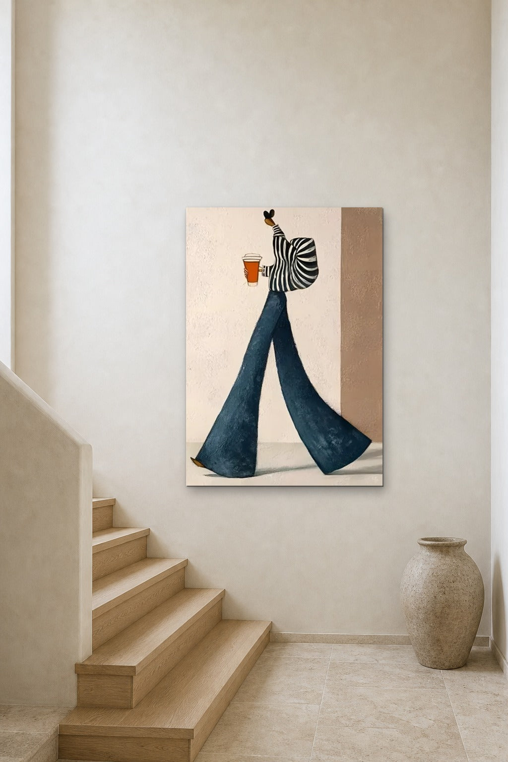 The Coffee Run shown at 90 × 130 cm above a stair landing